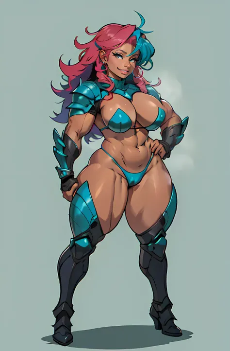 simple background micro bikini 1girl curly colored hair dark smiling (bodybuilder medium breasts muscular toned body curvy wide hips thick thighs) ((tight armor)) full body