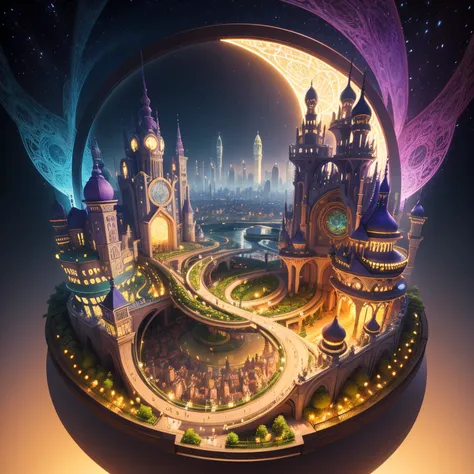 Fantastic picture with an isometric view of a strange unusual utopian city with flowing curved architecture, openwork towers and flowering gardens, openwork architecture, Blooming gardens, Bright colors, 3d, Utopia, That is ok, fairytale dream city, higly ...