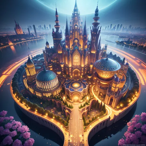 Fantastic picture with an isometric view of a strange unusual utopian city with flowing curved architecture, openwork towers and flowering gardens, openwork architecture, Blooming gardens, Bright colors, 3d, Utopia, That is ok, fairytale dream city, higly ...