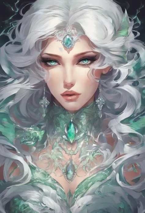 a close up of a woman in a costume with white hair and green glowing eyes, lois van baarle and rossdraws, artgerm and lois van baarle, artgerm and rossdraws, rossdraws cartoon vibrant, beautiful succubus, ross tran style, rossdraws 2. 5, inspired by Ross T...