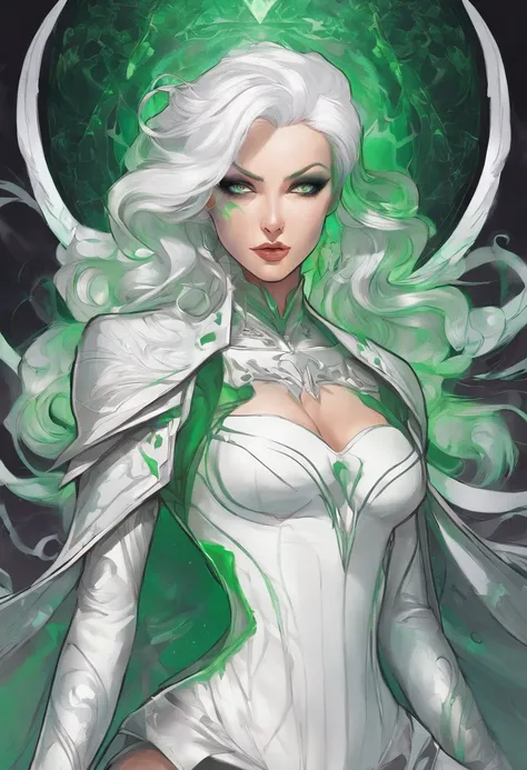 a close up of a woman in a costume with white hair and ((green glowing eyes)), lois van baarle and rossdraws, artgerm and lois van baarle, artgerm and rossdraws, rossdraws cartoon vibrant, beautiful succubus, ross tran style, rossdraws 2. 5, inspired by Ro...