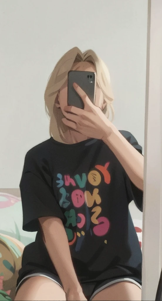 blonde woman, Sits, covers his face with his phone, tshirt, briefs, Good Quality