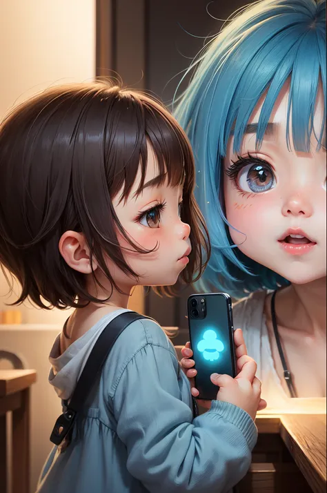 Yuru Chara、2 head body、Holding a smartphone、girl with、cute little、Deformed、line-drawing、animesque、profile、i am using smartphone、with light glowing