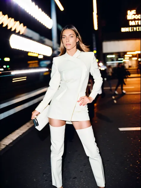 European fashion model through motion, Woman wearing Saint Lauren, busy street, Paparazzi, (full body: 1.3), (luxury advertising photography: 1.2), Flashlight, Shutter drag, Lens flare, (Graflex speed graphic: 1.4), Brushwork exploration, Shot on Kodak Ekt...