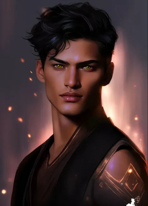 um close de uma pessoa com olhos verdes e camisa preta, retrato masculino da fantasia, Inspirado em Kris de Deltarrune, Um retrato de um elfo masculino, elfo masculino bonito, retrato de fantasia digital, cara bonito na arte demon slayer, Edmund Blair e Ch...