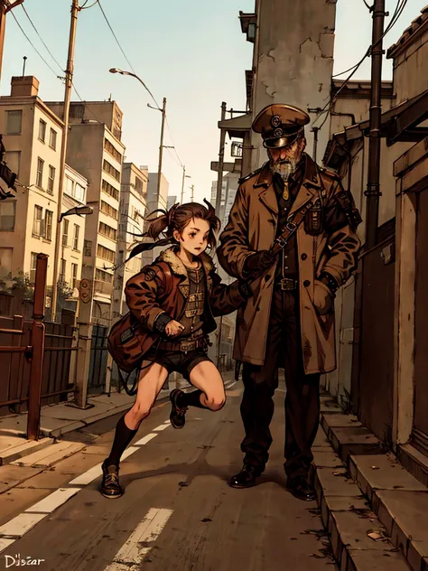 Homeless girl running from dictator in a fantasy steampunk background