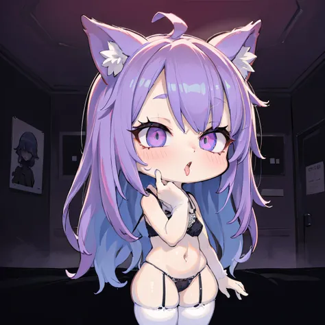 (Ahegao) CYAN hair Girl,Wear black lingerie,bright purple lips,Detailed eyes and face,Long loose CYAN hair,standing in a dark room,Soft lighting,vivid colors,Artistic portrait,High resolution. (SNFW)