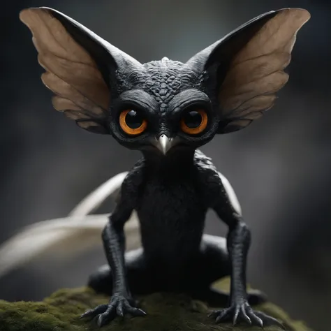 gremlin, like a swift,  Huge eyes, large ears, wings, beak, black and white wings, long tail,  Best Quality, Masterpiece, in style of dark fantasy art