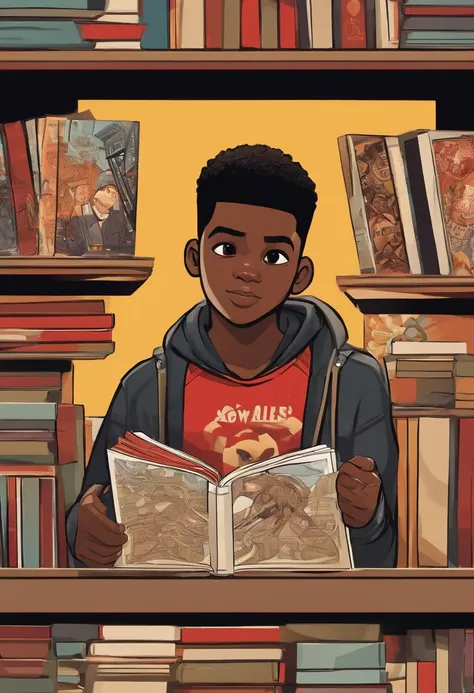 An image of Miles browsing through a collection of art books at a local bookstore.,Marvel Comics,Miles Morales, the dynamic character from the “Spider-Man” universe, is a young, black athletic teenager with a lean build, often seen in his distinctive black...