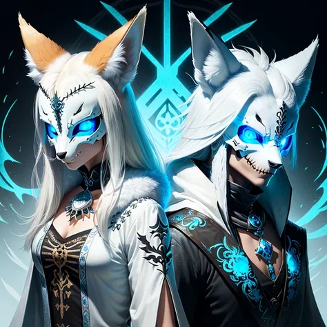 White nine tail fox with fox skull mask, light blue eyes, topaz around neck