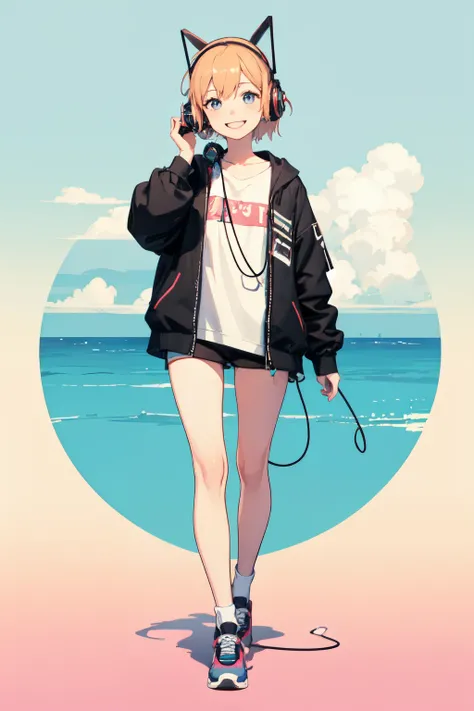 a happy animated girl with headphones on listening to lofi songs, full body