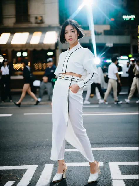 Korean fashion model through motion, Woman wearing Saint Lauren, busy street, Jung Hoyeon, (Fashion model), Paparazzi, (full body: 1.3), (luxury advertising photography: 1.2), Flashlight, Shutter drag, Motion blur, Lens flare, (Graflex speed graphic: 1.4),...