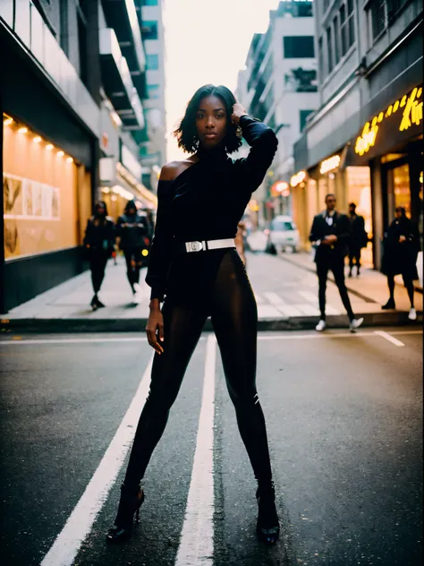 Black fashion model through motion, Woman wearing Saint Lauren, busy street, (Fashion model), Paparazzi, (full body: 1.3), (luxury advertising photography: 1.2), Flashlight, Shutter drag, Lens flare, (Graflex speed graphic: 1.4), Brushwork exploration, Sho...