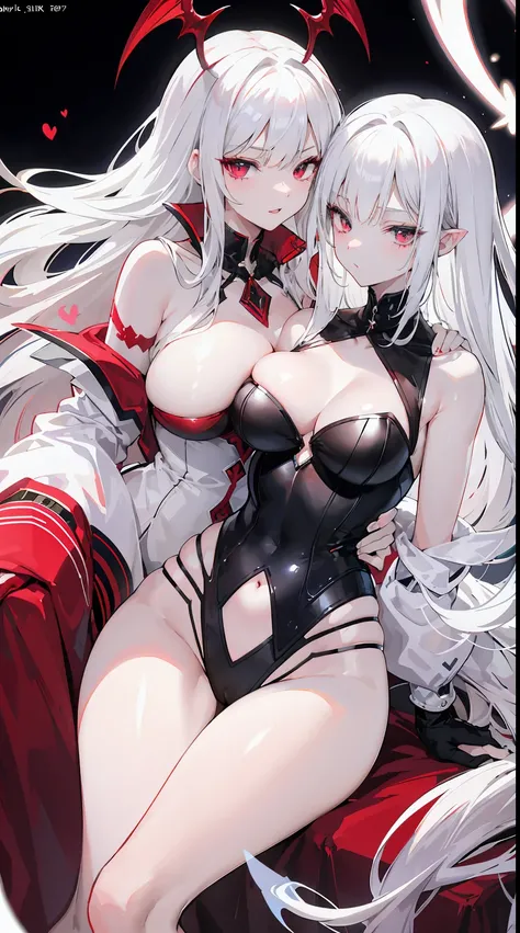 light skinned, White hair color long hair, Bigchest, 1:70, sexy for, succubi, Two tail, red eyes, A sexy pose, demons, 26 year old, succubus mark, hugging a 12 year old girl, White hair, eBlue eyes, Mother and daughter.Squat and open your legs