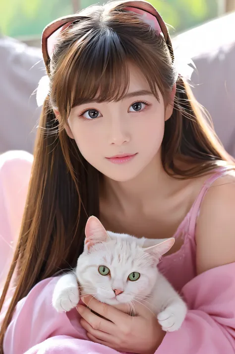 angelicales、girl with、Cats ears、beckoning cat、beautidful eyes、his face is staring straight at me.、Front-facing body、I have an angel ring、pink back ground、