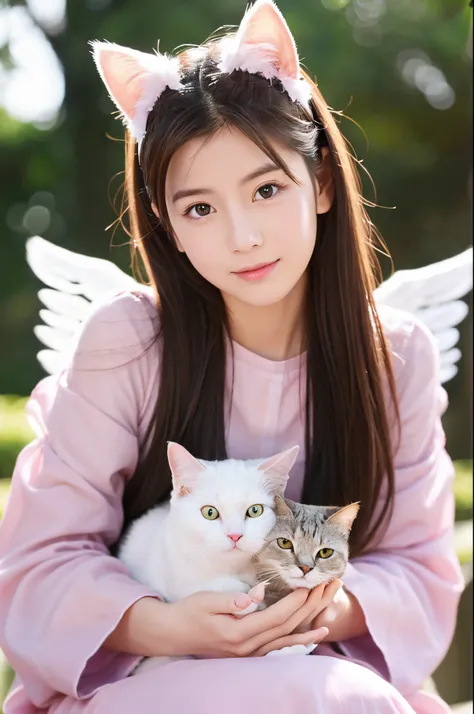 angelicales、girl with、Cats ears、beckoning cat、beautidful eyes、his face is looking straight at me.、Front-facing body、I have an angel ring、pink back ground、