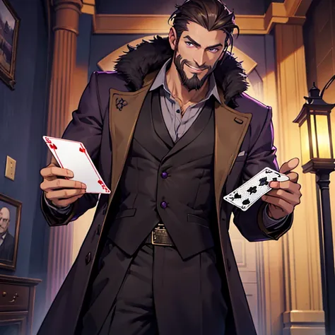 Tall man, grey skin, dark brown hair and beard, purple eyes, fur-lined trench coat, dark purple vest, black dress pants, holding a deck of cards, smug pose, grinning