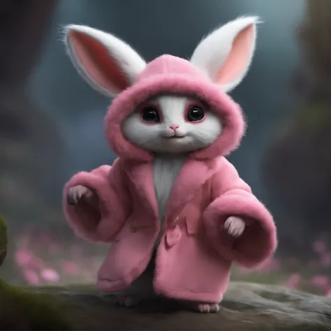 gremlin, like a rabbit, Huge eyes, large ears, horns near the ears, a big carrot in the paws, white and pink fur, short tail, pink wool coat, The clothes, Best Quality, Masterpiece, in style of dark fantasy art