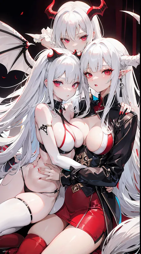 light skin color, white hair color long hair, Bigchest, 1:70, sexy for, succubi, Two tail, red eyes, A sexy pose, demons, 26 year old, succubus mark, hugging a 12 year old girl, White hair, eBlue eyes, Mother and daughter.Squat down and open your legs