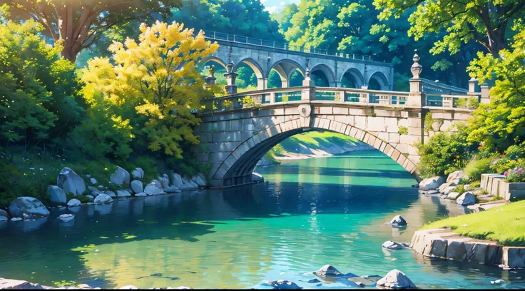 A bridge, sunlight shines, river

Best quality, ultra-detailed, photorealistic bridge with sunlight shining on it, reflecting on the river. The bridge is made of stone and has intricate details and textures. The sunlight creates a warm and golden glow, mak...