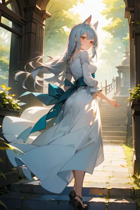 envision a charming scene featuring a cat girl with long, flowing gray teal hair that cascades down her back, Her enchanting brown eyes are filled with a mixture of nostalgia and excitement. She is elegantly dressed in a white, ethereal dress that gently s...