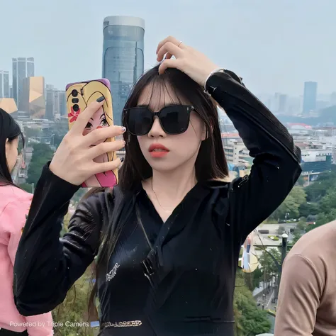 A woman takes a selfie with her mobile phone in front of the city, with sunglass, 8K selfie photo, selfie photography, photographed, Against the backdrop of a city, Nikon Z9 shot, photo taken with canon 5d, my spirit, right angle selfie, ChineseGirl, photo...