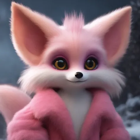 gremlin, like a fox, Huge eyes, large ears, big carrot in paws, white and pink fur, short tail, pink wool coat, The clothes, Best Quality, Masterpiece, in style of dark fantasy art