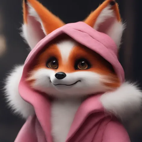 gremlin, like a fox, Huge eyes, large ears, big carrot in paws, white and pink fur, short tail, pink wool coat, The clothes, Best Quality, Masterpiece, in style of dark fantasy art