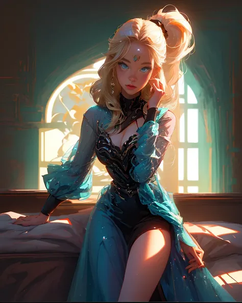 ((masterpiece:1.4)),UHD,Bokeh,((cinematic: 1.4)),shadow details,ligths details,((best quality:1.6)),contour,delineate,megapixel,VFX,CFX,1girl,transparent pink dress,sit on bed,window,coffe,blonde hair,ponytail,ornament hair,big blue eyes,curvy body,sexy bo...