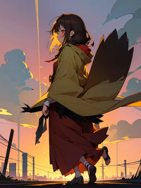 nature of human anime style scene tokyo traine ride romantic night ride kinda vibe running off with the love of your life studio ghibili feel type vibe drake type beat kinda thing a young girl in a very wide brown poncho, Hood over her face,  dirty bare fe...