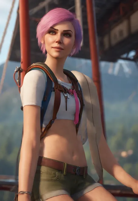 Chloe standing on top of a bungee jumping platform, holding the bungee cord and sticking out her tongue,Life is Strange video game series,Chloe is a tall white teenage girl, with very short blue hair with pink roots, green eyes, punk aesthetic, female