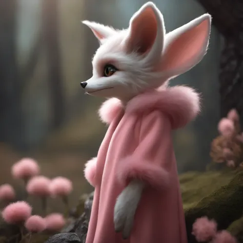 gremlin, like a fox, petite girl, big breastes, Huge eyes, large ears, big carrot in paws, white and pink fur, short tail, pink wool coat, The clothes, Best Quality, Masterpiece, in style of dark fantasy art