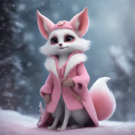 gremlin, like a fox, petite girl, big breastes, Huge eyes, large ears, big carrot in paws, white and pink fur, short tail, pink wool coat, The clothes, Best Quality, Masterpiece, in style of dark fantasy art