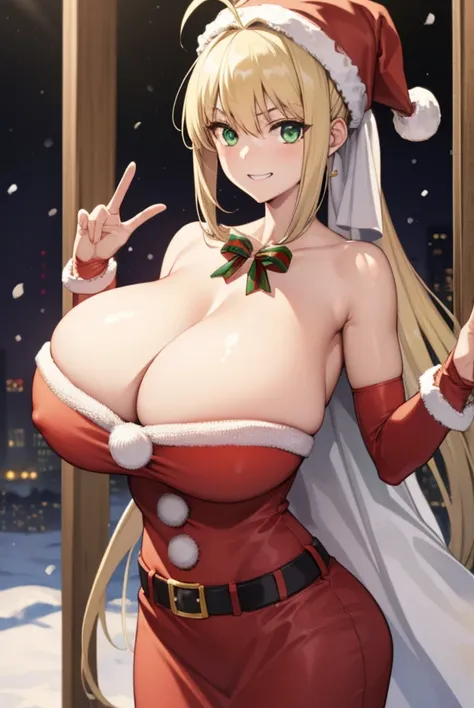 fgonero, nero, ahoge, blonde hair, (green eyes:1.5), hair between eyes, hair intakes, smile, grin,
BREAK (santa costume:1.5), santa hat, christmas hat,
BREAK looking at viewer, 
BREAK outdoors, snow,
BREAK (masterpiece:1.2), best quality, high resolution, ...