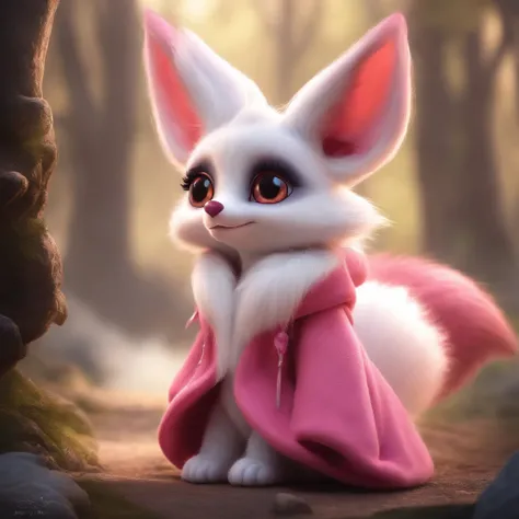 gremlin, like a fox, petite girl, big breastes, Huge eyes, large ears, big carrot in paws, white and pink fur, short tail, pink wool coat, The clothes, Best Quality, Masterpiece, in style of dark fantasy art