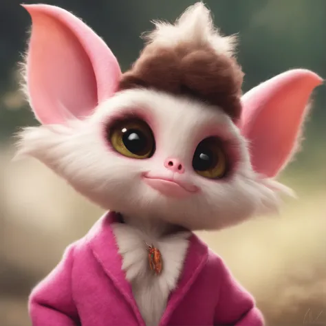 gremlin, like a swallow, Huge eyes, large ears, horns near the ears, big carrot in paws, white and pink fur, short tail, pink wool coat, The clothes, Best Quality, Masterpiece, in style of dark fantasy art