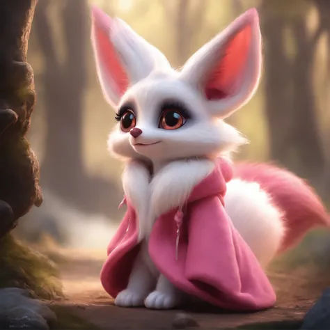 gremlin, like a fox, petite girl, big breastes, Huge eyes, large ears, big carrot in paws, white and pink fur, short tail, pink wool coat, The clothes, Best Quality, Masterpiece, in style of dark fantasy art