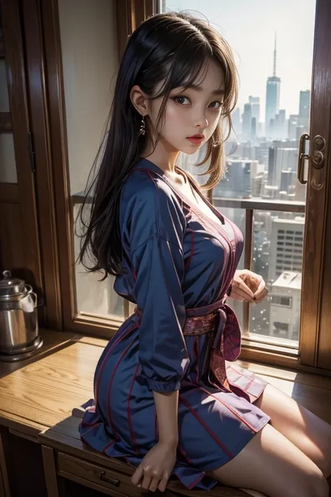 Arafed Mujer de pie en la parte superior de un edificio con vistas a una ciudad, ulzzang, Chica coreana, portrait of a japanese teen, Vestido con ropa larga y fluida, 🤤 girl portrait, Chiho, Yoshitomo Nara, Retrato de Jossi de Blackpink, young asian woman,...