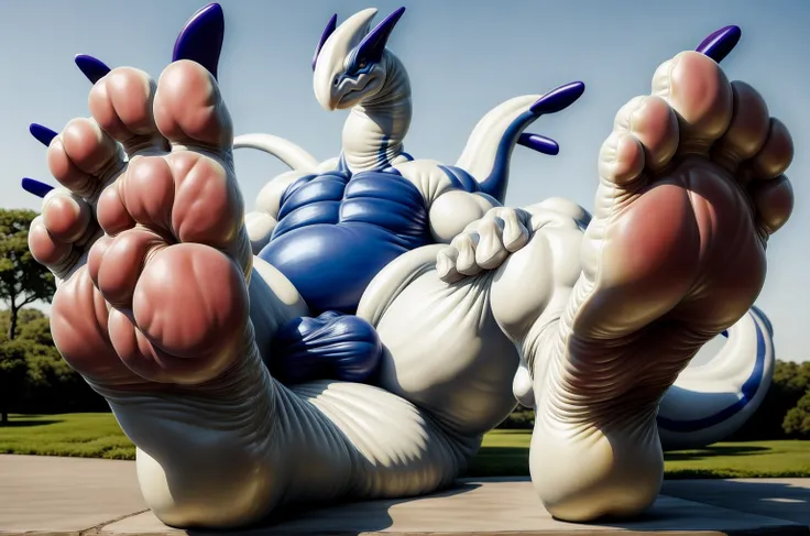 (by allandox) frontview of a male anthro (living inflatable) lugia, looking at viewer, penis, balls, uncut, foreskin, spreading legs, sitting, paws, big paws, large paws, massive paws, hindpaws, humanoid feet, 4 toes, 4 big toes, 4 padded toes, plantigrate...