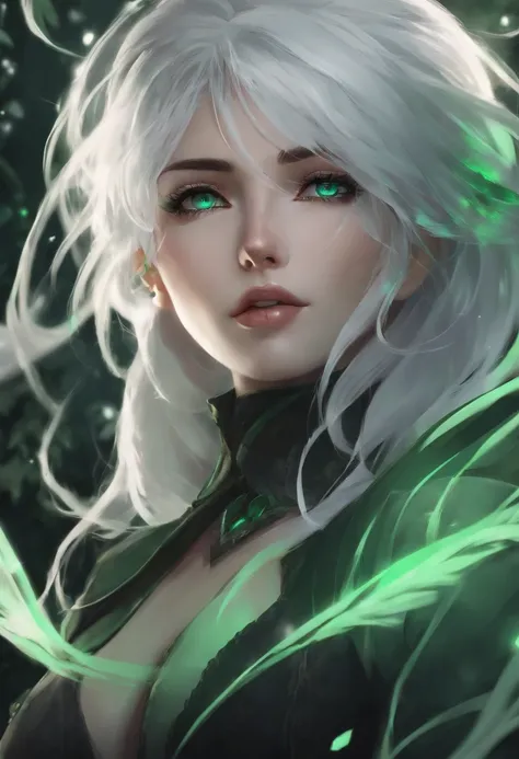 Anime female character with green eyes white hair showing her big