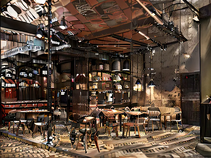 the space inside a coffee sh, following the street concept, have two-person tables and chairs, decorated with models of electric...