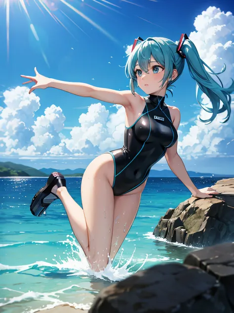 miku hatsune,Beautiful breasts,wet suit,Diving,snorkel,bottom of the ocean(Sand)