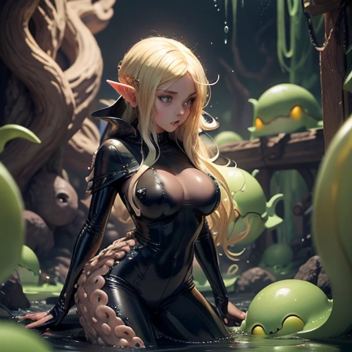 1 adult elf girl, blonde woman,in an open black leather jumpsuit, Full growth in the frame. Octopus-shaped slime tortures and attacks her, Slime Monster, Tentacles. Very wet. Anxious atmosphere. higly detailed.