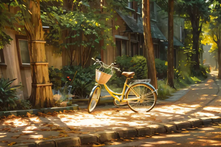 There is a bicycle parked on the side of the road, bikes, bicycle in background, In a ray of sunlight, On a sunny day, bikes, The sun is mottled, On a sunny day, afternoon sunlight, soft sunlight dappling, in sunny weather, Sunny morning, perfect crisp sun...