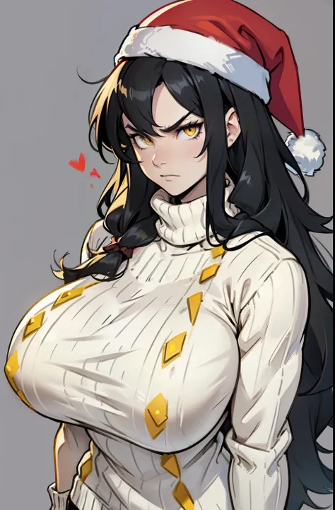 grey background, solo, (((1 girl))), very long hair, black hair, angry, yellow eyes, ((muscular)), huge tits, pale skin, slick hair, (christmas sweater) santa hat