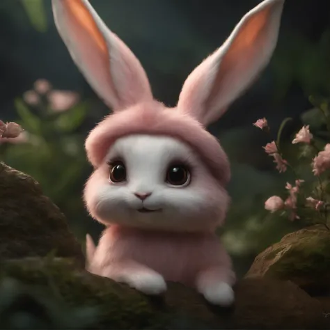 gremlin, like a rabbit, Huge eyes, large ears, horns near the ears, a big carrot in the paws, white and pink fur, short tail, pink wool coat, The clothes, Best Quality, Masterpiece, in style of dark fantasy art, 真实感, Realism, Sovp, tmasterpiece, Brad Jongs...