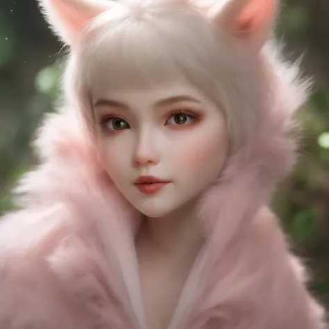 gremlin, Like a cat, petite girl, big breastes, Huge eyes, large ears, big carrot in paws, white and pink fur, short tail, pink wool coat, The clothes, Best Quality, Masterpiece, in style of dark fantasy art, 真实感, Realism, Sovp, tmasterpiece, Brad Jongsan ...