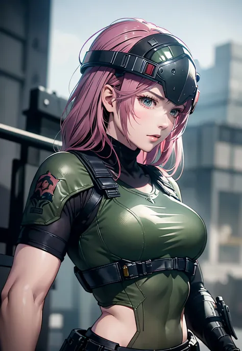 Metal Gear Solid Style, (Detailed complex full-coverage tactical helmet:1.3), (Pink hair), Cowboy Shot, Dynamic Pose, 1girl in, Solo, Ray tracing, (masutepiece), (Best Quality), (Detailed), (Detailed tactical equipment:1.1), (Body Armor:1.1), Combat Pants,...