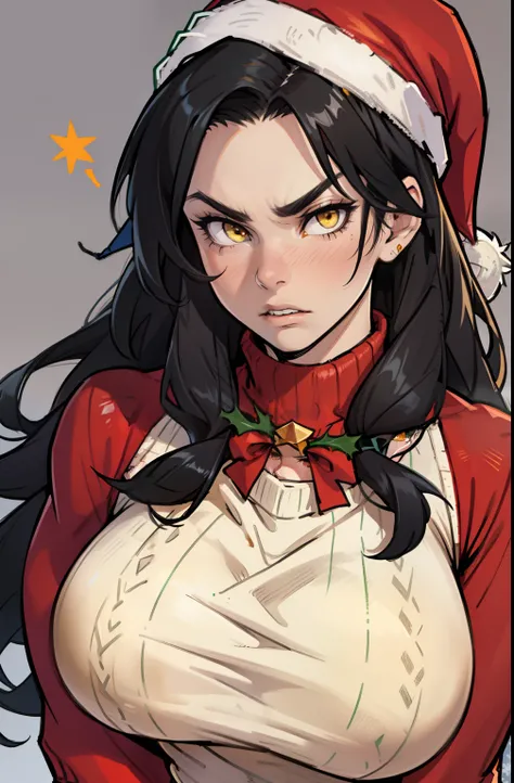 grey background, solo, (((1 girl))), very long hair, black hair, angry, yellow eyes, ((muscular)), huge tits, pale skin, slick hair, ((christmas sweater santa hat)) close up