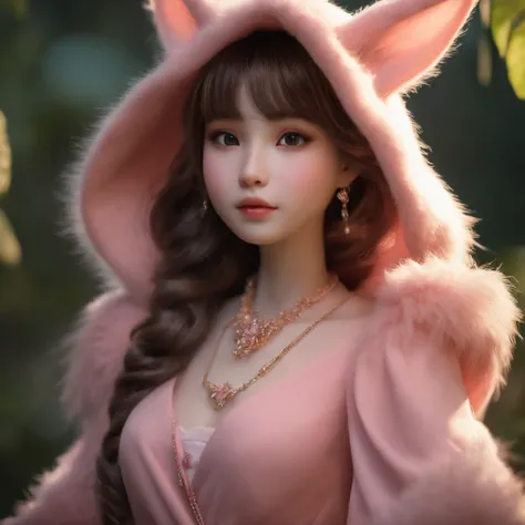 gremlin, like a fox, petite girl, big breastes, Huge eyes, large ears, big carrot in paws, white and pink fur, short tail, pink wool coat, The clothes, Best Quality, Masterpiece, in style of dark fantasy art, 真实感, Realism, Sovp, tmasterpiece, Brad Jongsan ...